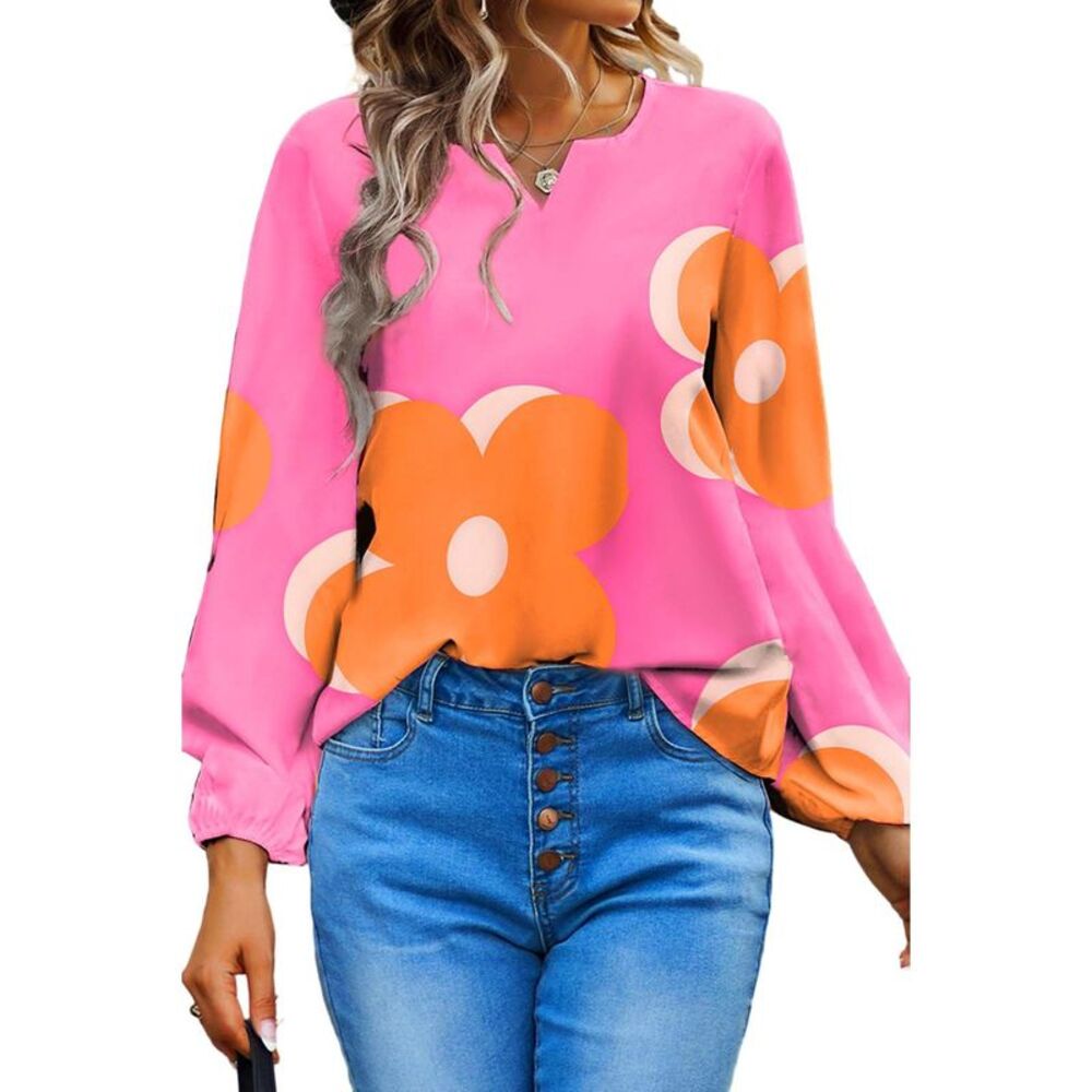 Azura Exchange Bonbon Floral Print Notched V Neck Blouse - Picture 5 of 5